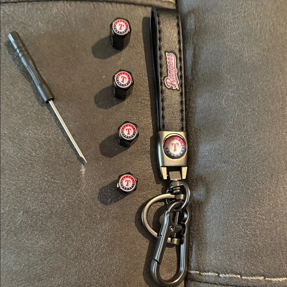 Texas Rangers Keychain and Tire Valve Caps Set